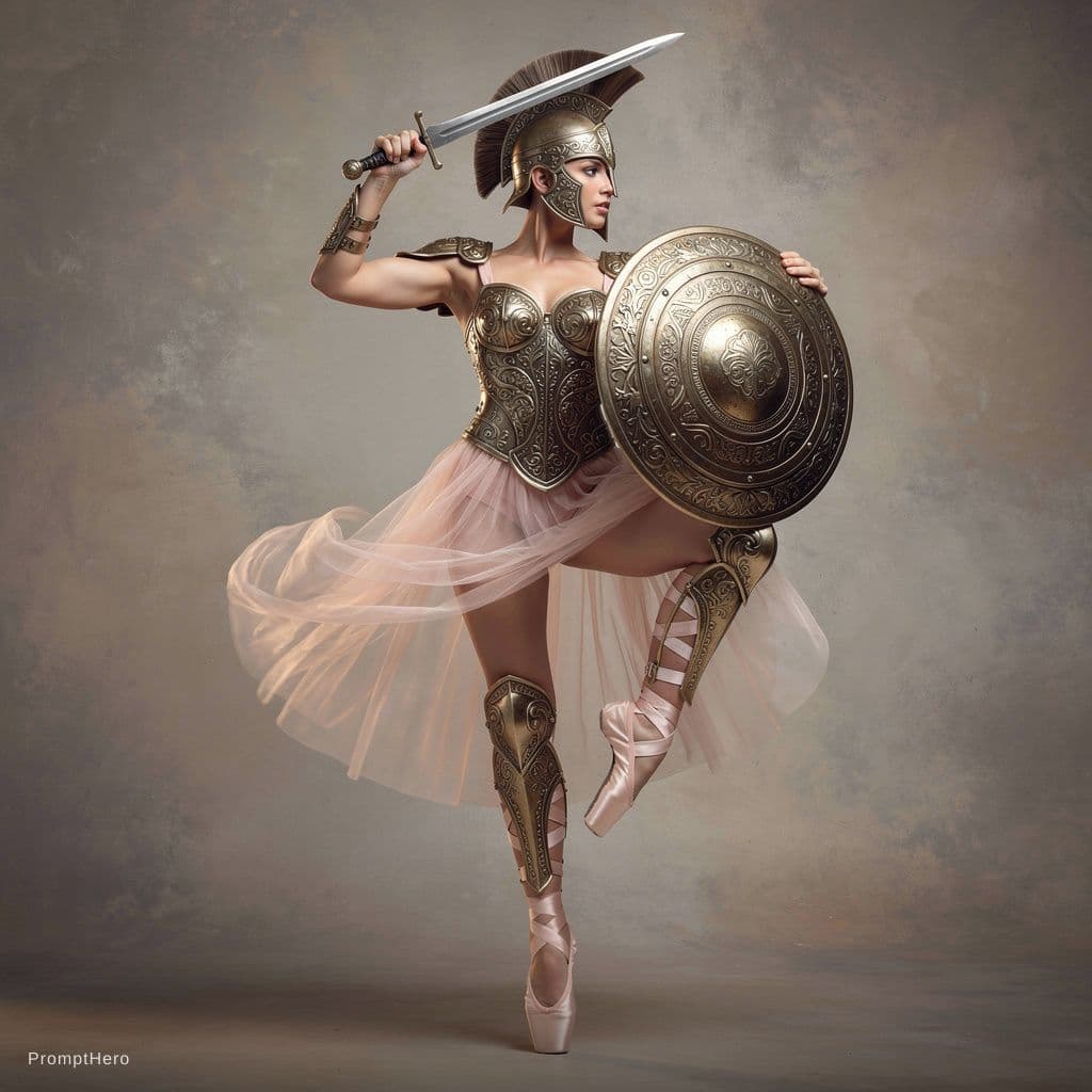 AI generated: highly stylized, hyper-realistic figure of a female warrior posed en pointe like a classical ballet ...