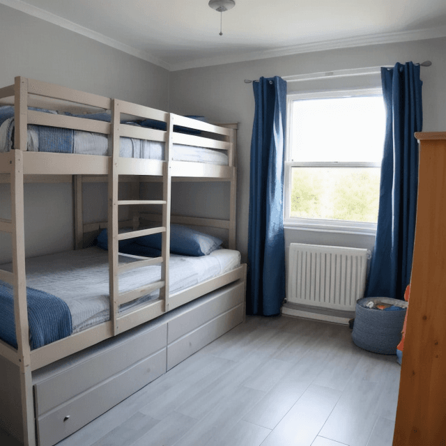 AI generated: Room, 10 bunk beds, very bright, grey coloured sheets, blue bunk beds, tiled floor.