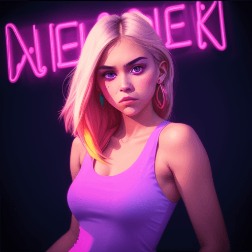 AI generated: white girl, wearing a tank top or dress at night, in the style of iconic album covers, neon-infused ...