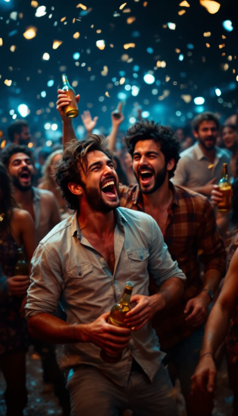 AI generated: A wide shot of a group of men dancing energetically with bottles of alcohol in their hands. The men,...