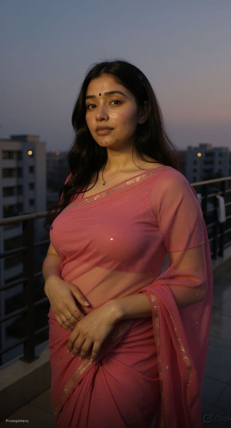 AI generated: FLUX AI Hyper-Realistic Prompt:

> Ultra realistic Indian woman standing on a modern apartment rooft...