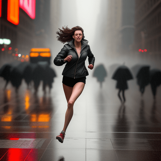 AI generated: Far Distance shot of 25 years old woman  running on the street, dynamic pose, wear jacket, New York ...