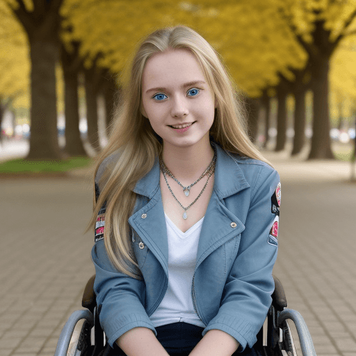 AI generated: 22 year old german girl, long dark blonde hair, blue eyes, shy smile, necklace, sitting in wheelchai...