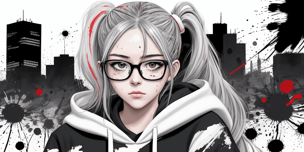 AI generated: a painting of 18 years old women with white side ponytail hair, glasses, hoodie, in the style of man...
