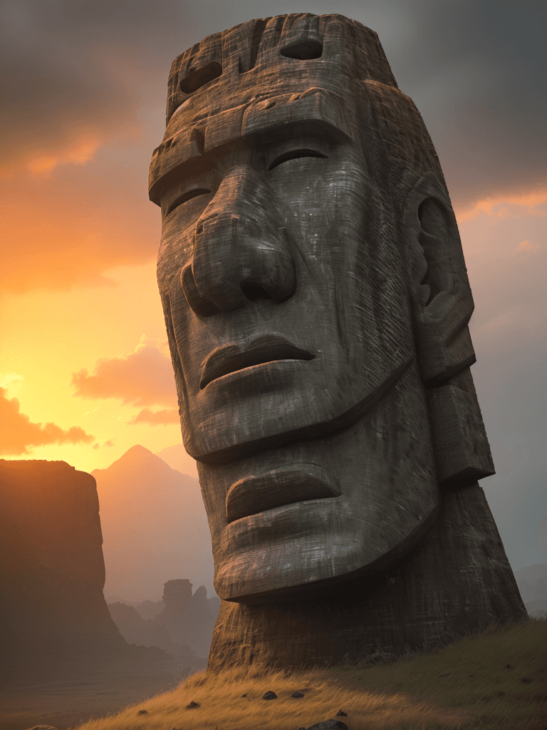 AI generated: Photo of a ultra realistic moai, one of the famed, giant stone, dramatic light, pale sunrise, cinema...