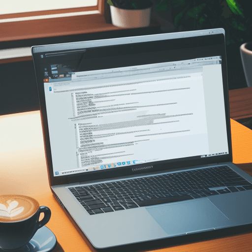 AI generated: Photo of a laptop on office table with a Windows PowerShell script displayed on the screen. A cup of...