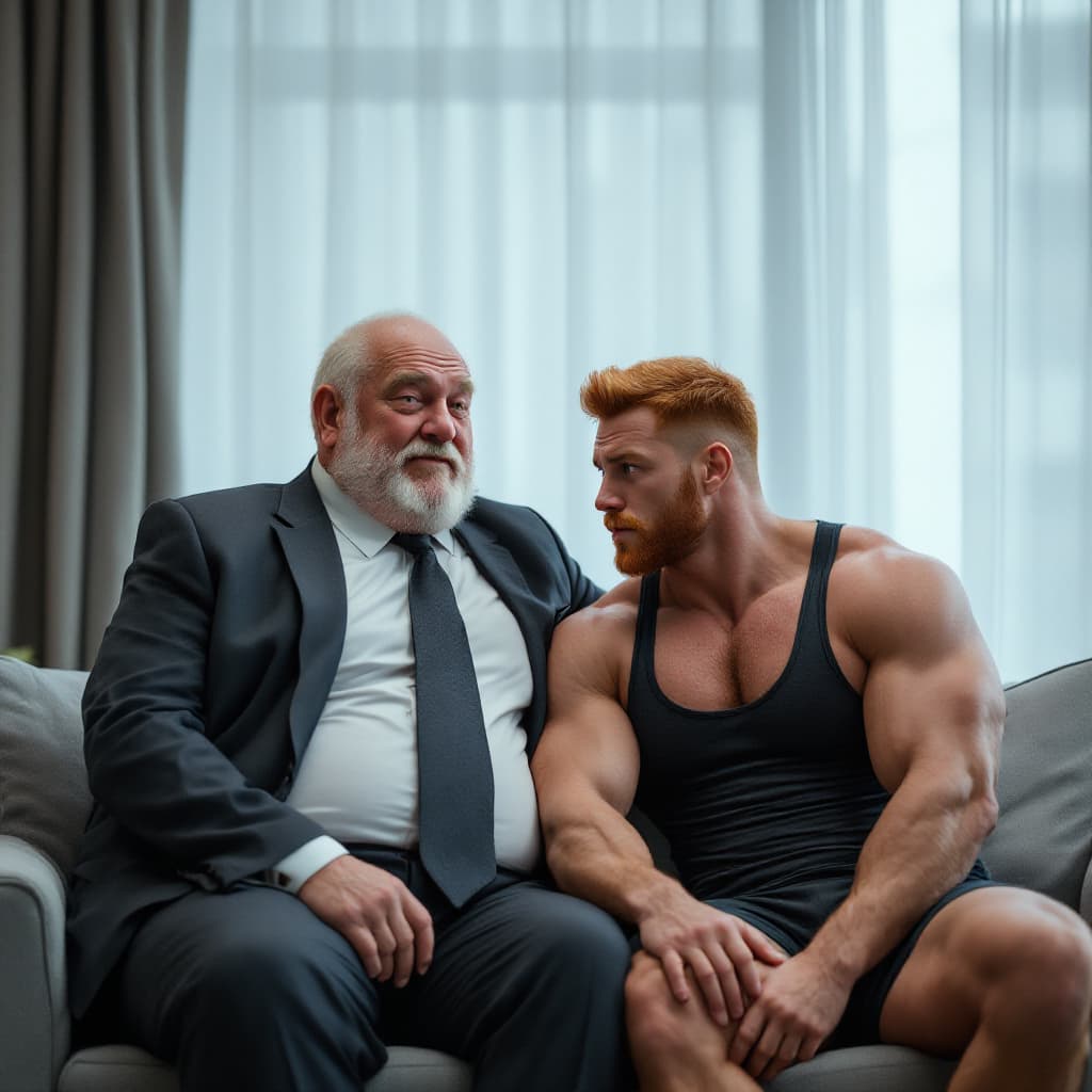 AI generated: high-resolution photo of a fat old man wearing suit and tie, next to extremely muscular, handsome yo...