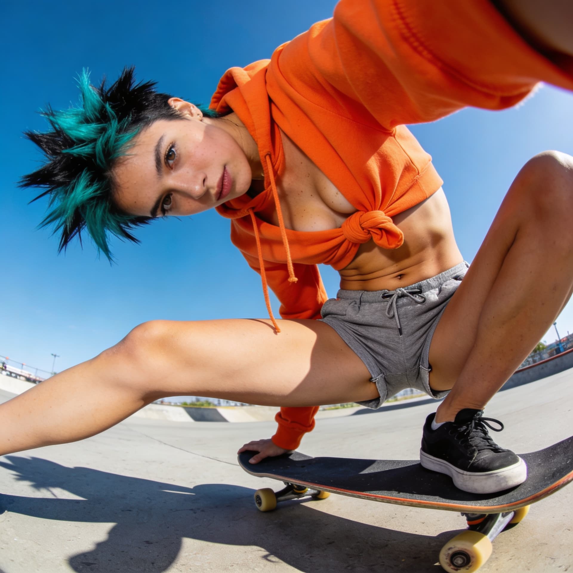 AI generated: Photo of a Mid-twenties woman with teal and black short spiky hair, slim body, very soft ribs, flat ...
