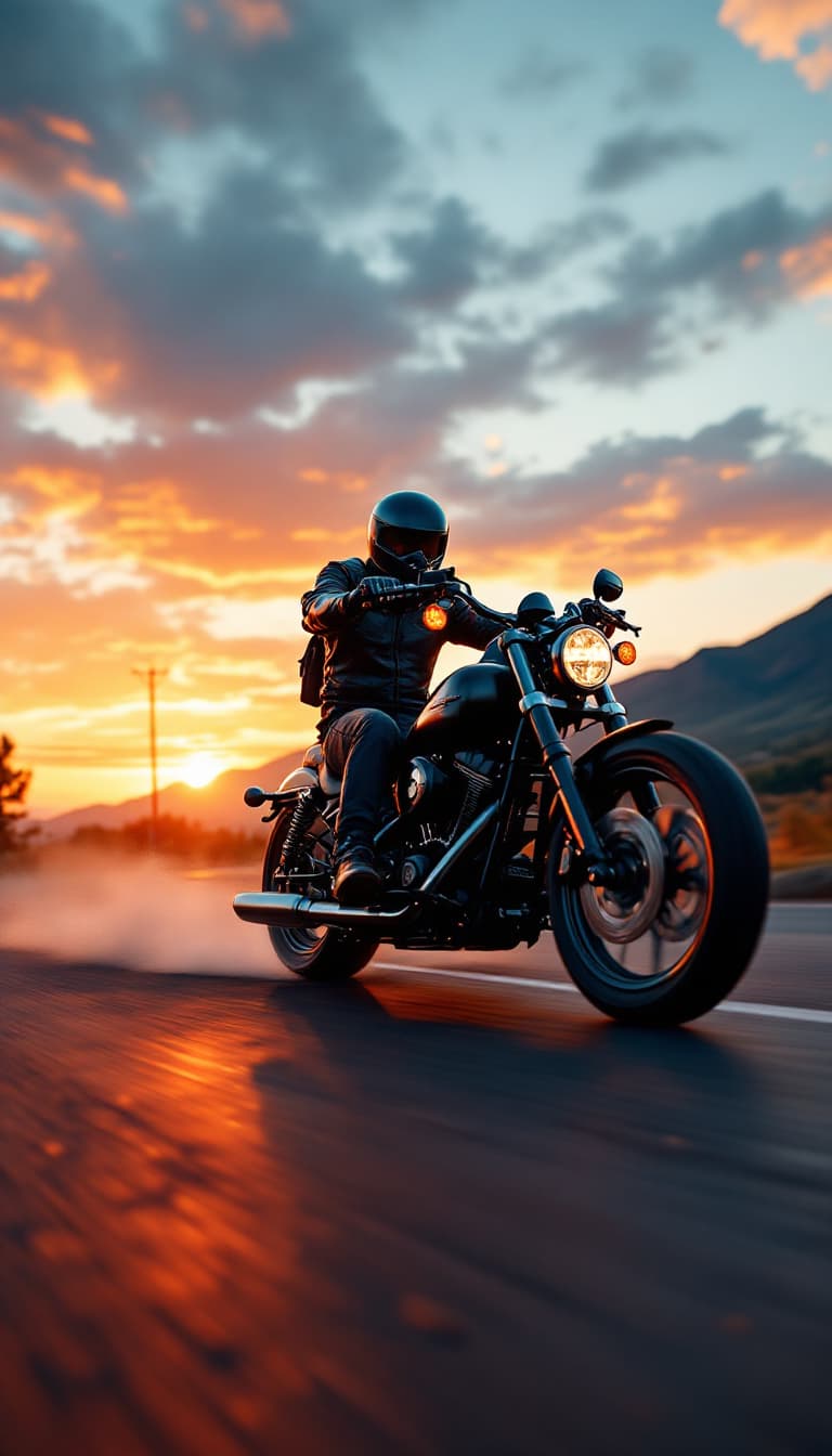 AI generated: picture ultra realistic biker on a harley davidson motorcycle on the road 66 sunset side view --ar 4...
