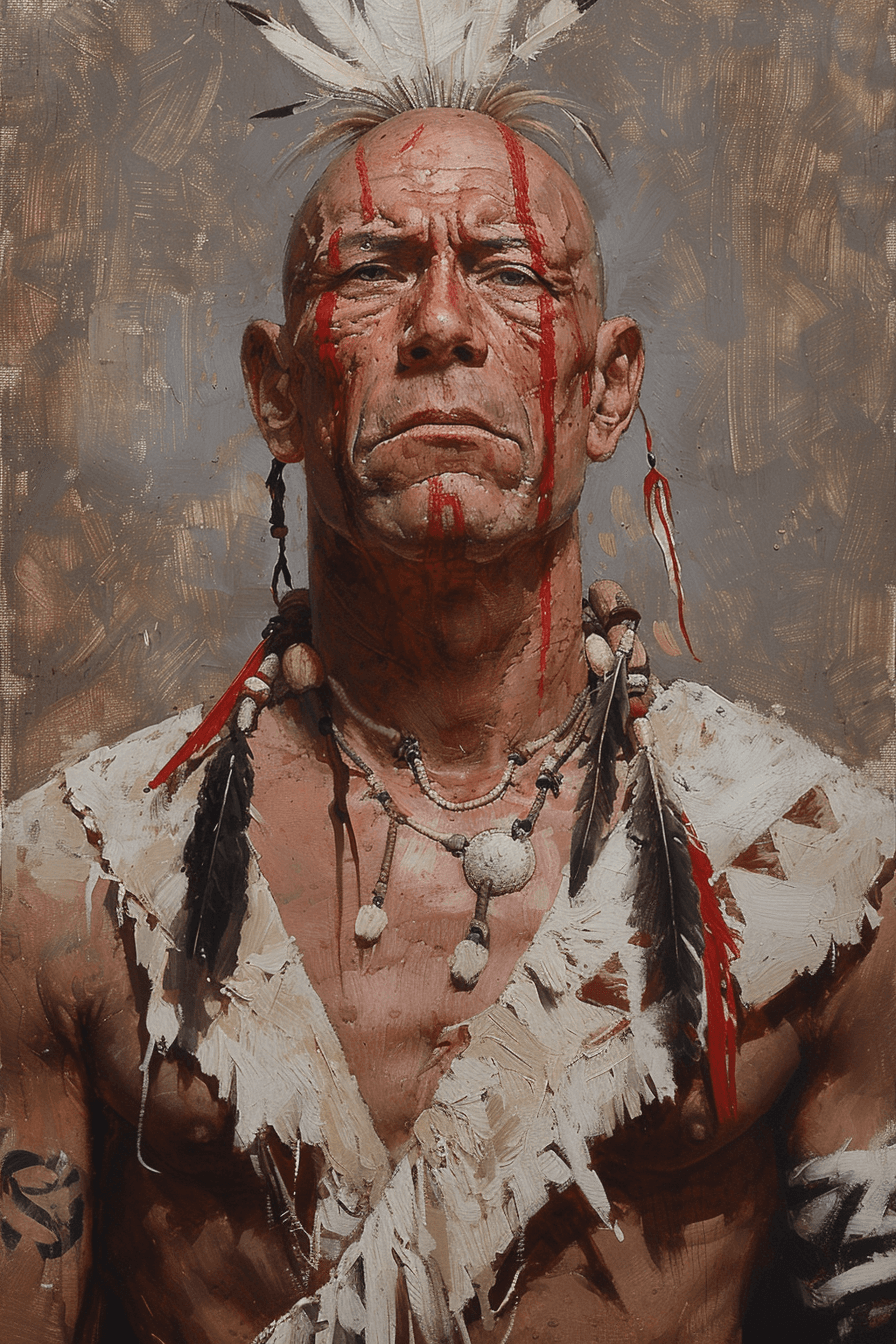 AI generated: A painting of an American Indian warrior. He has a bald head with red paint on the sides of his face...