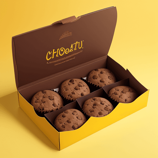 AI generated: portrait photography of a chocolat cookie box on a yellow background, with chocolat chips splash, pr...