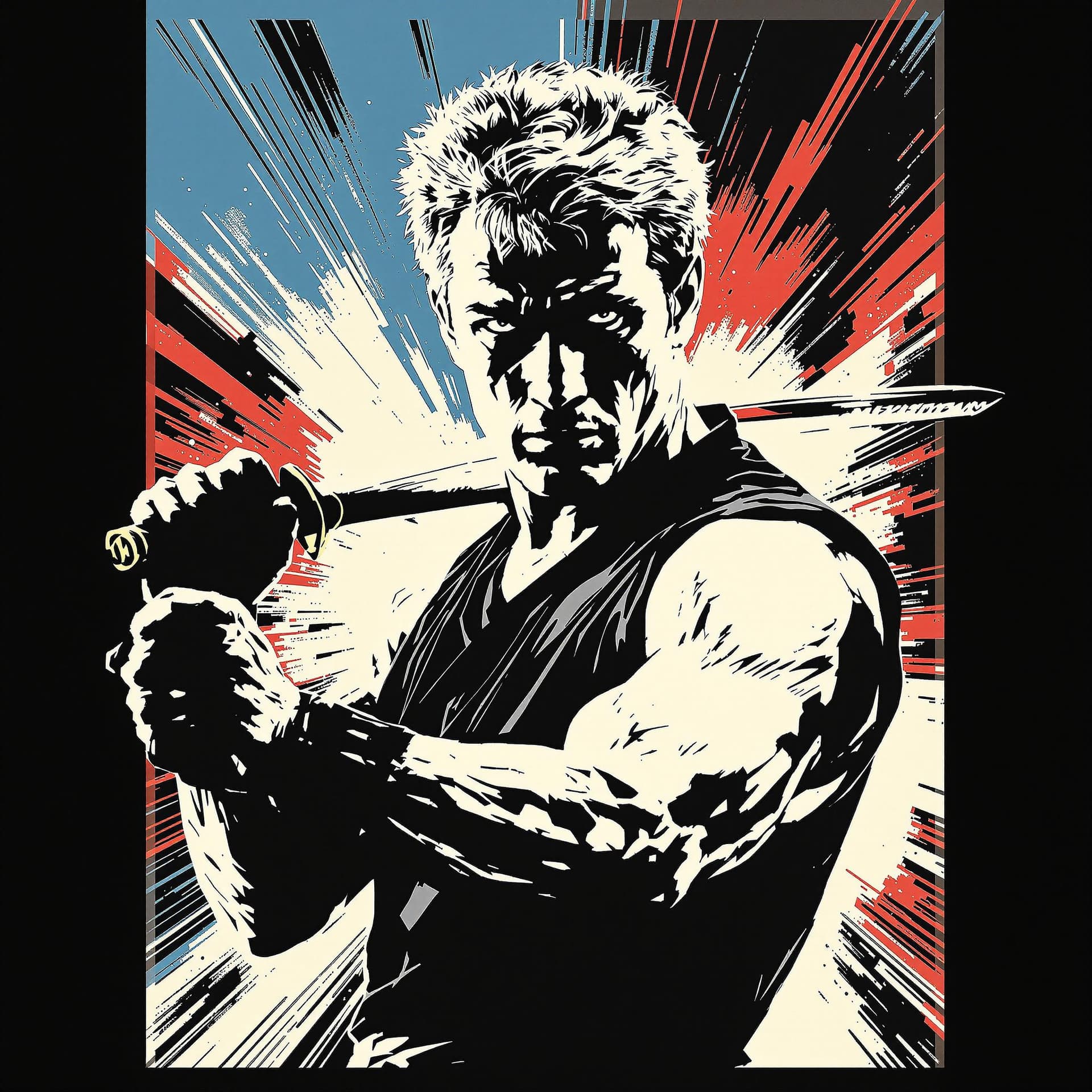 AI generated: Create a stylized, iconic portrait of Michael Dudikoff from American Ninja. The artwork should be in...