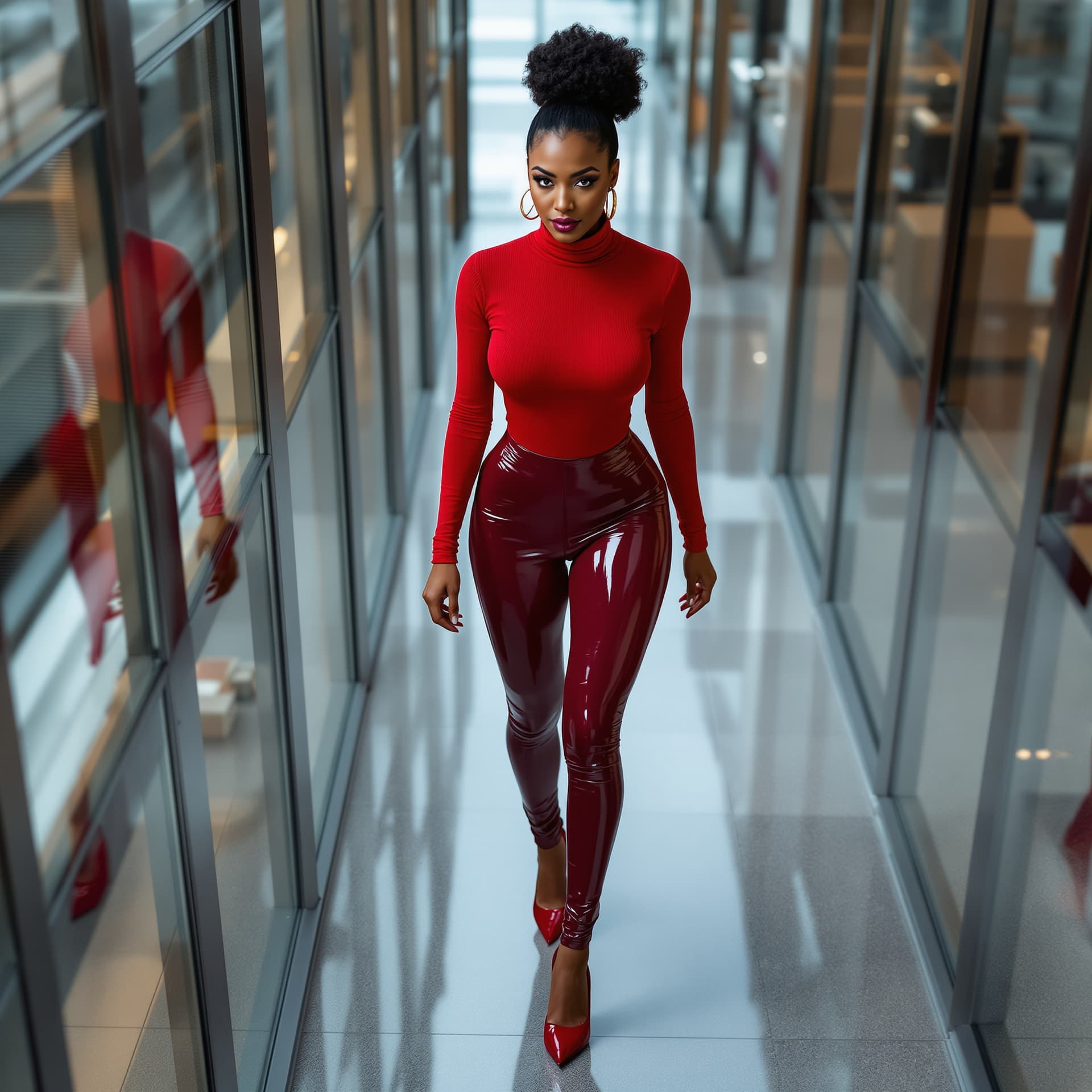 AI generated: High angle view. A tall gorgeous Afro-American woman, high bun dark hair, Gold hoop earrings, thin w...
