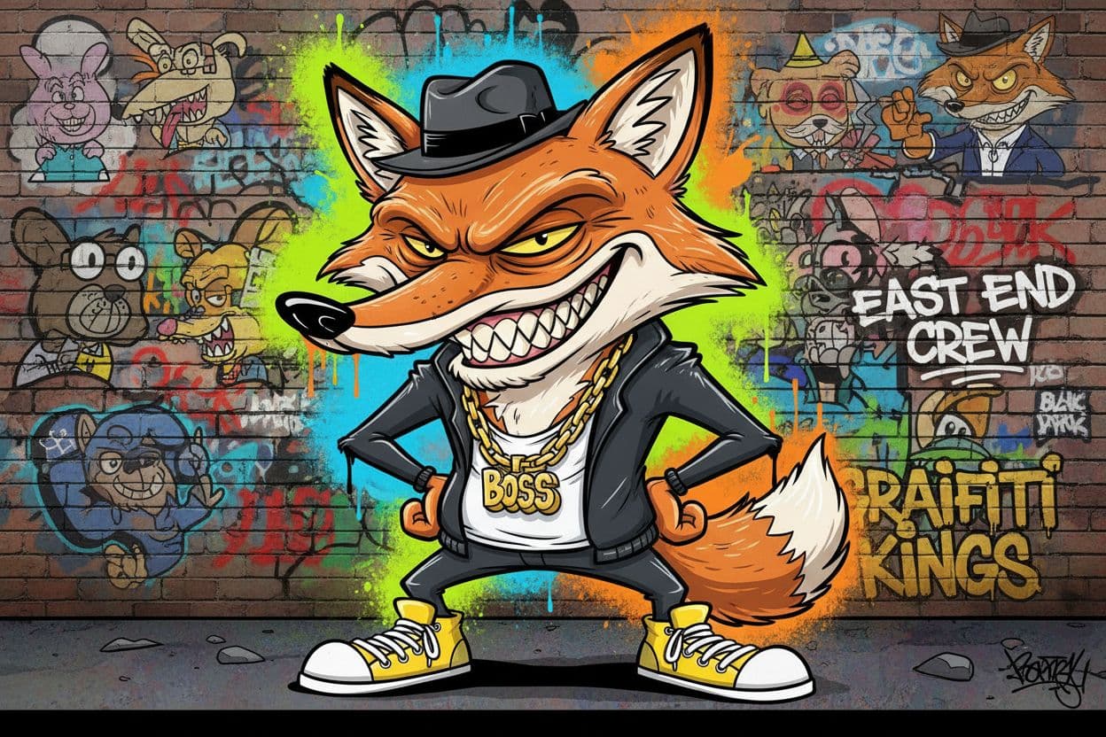 AI generated: funny caricature, gangster fox character caricature, elderly european male, 67 years old, slick fur,...