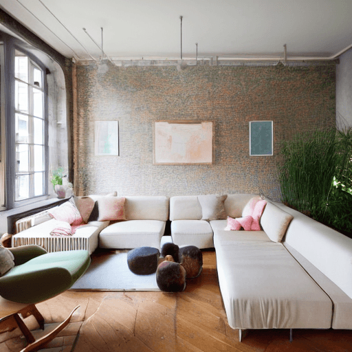 AI generated: high resolution photography interior design, dreamy sunken living room conversation pit, wooden floo...