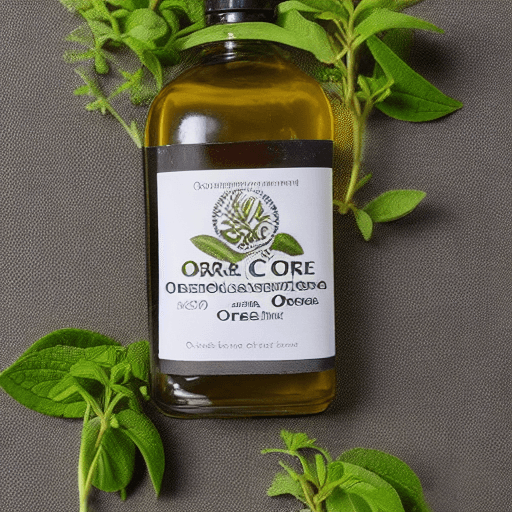 AI generated: label of organic oregano oil ACORE from 7 cm to 2 cm, using a lot of green and terra colors with a p...