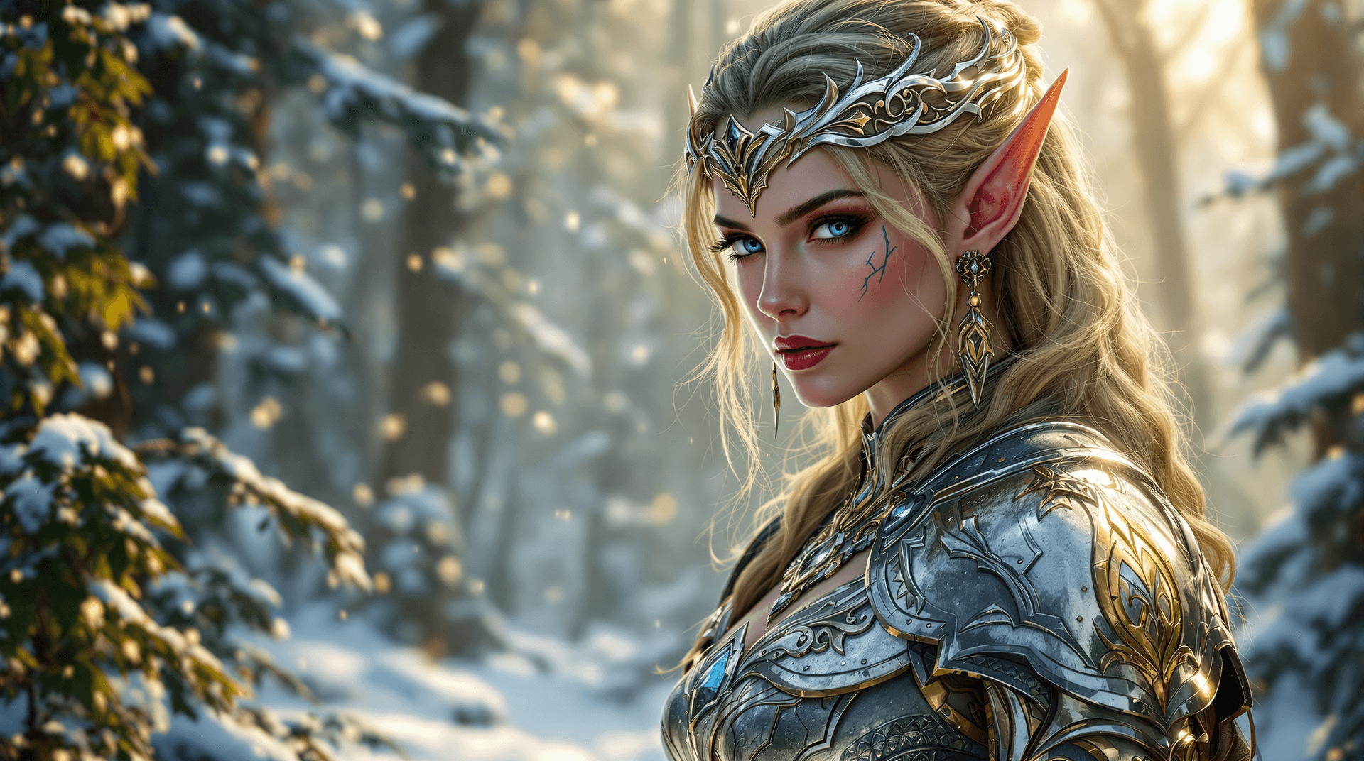 AI generated: An elven warrior queen in silver armor, fantasy art, backlit by a magical forest glow, mystical and ...