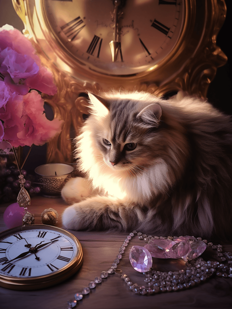 AI generated: A table of photographs, clocks and a cat, in the style of light purple and light brown, soggy, singl...
