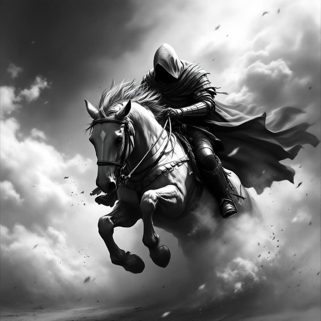 AI generated: Black and white art of a hooded knight riding his horse in full gallop, smoke around him, detailed, ...