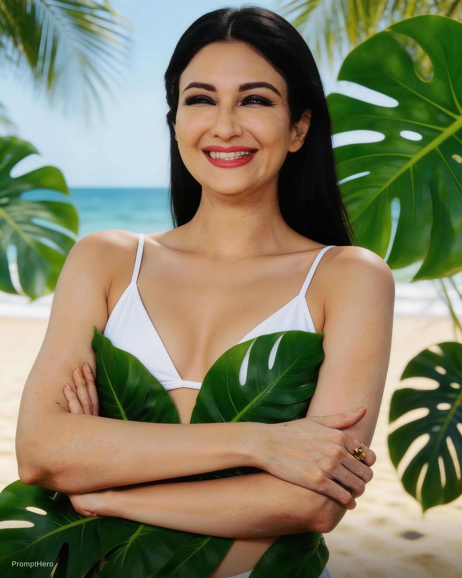 AI generated: Girl in bikini cover with leaf 