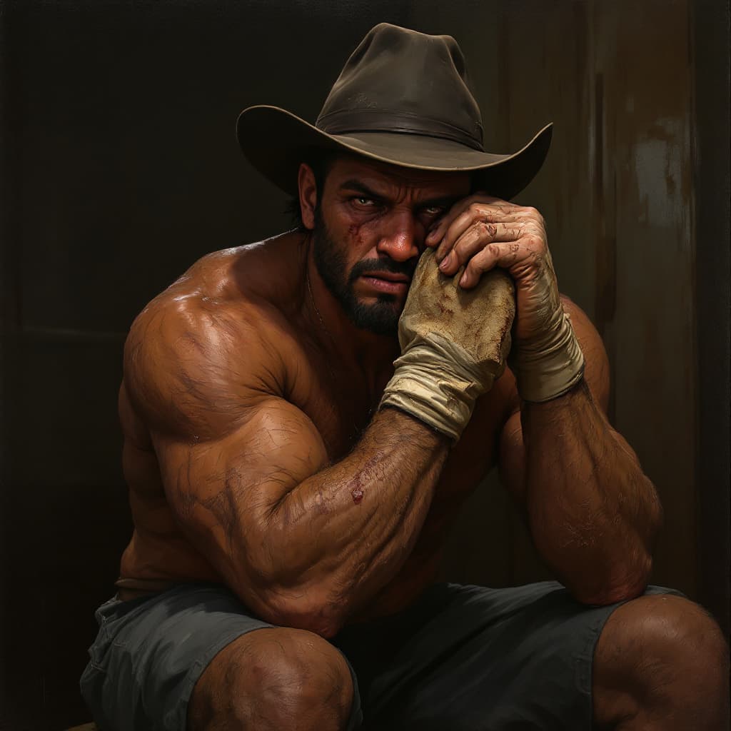 AI generated: A strong man - an Australian indigenous gangster from the 1980s in a cowboy hat, a T-shirt on his sh...