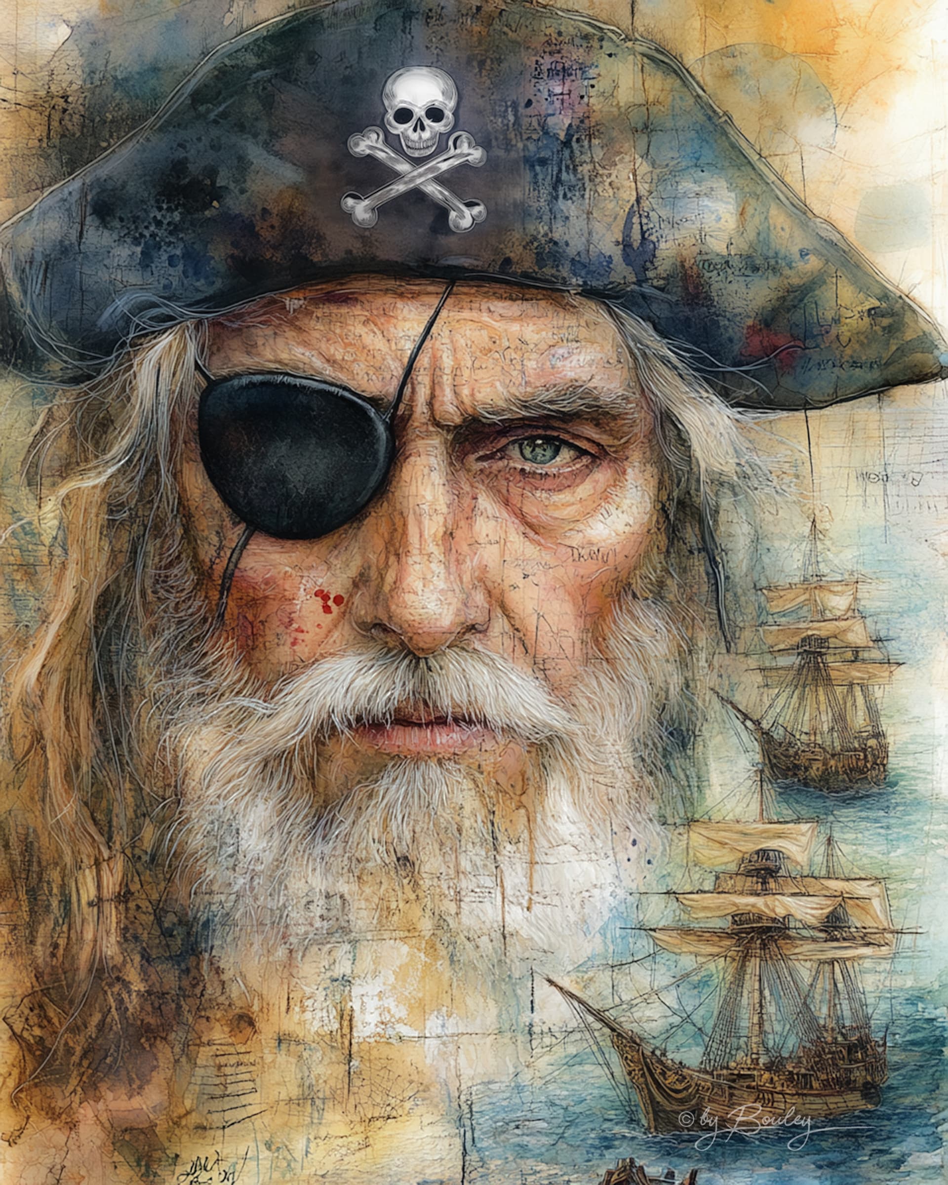 AI generated: Watercolor pirate captain portrait with ships and sea in the background, highly detailed face, black...