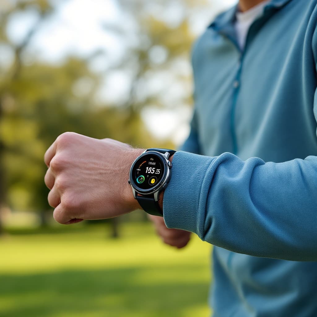 AI generated: Una persona corriendo en un parque, con el reloj smart Watch t10 en su muñeca, mostrando la pantalla...
