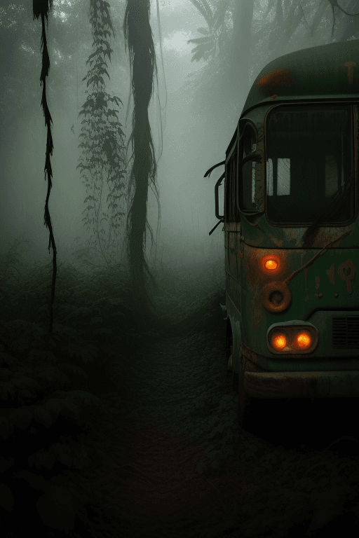 AI generated: A creepy, dimly lit, and misty forest scene with an old, rundown bus, its vibrant colors faded and w...