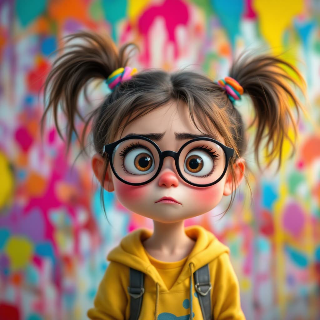 AI generated: Cartoon-style little girl with exaggerated facial expression, puffed cheeks and big wide eyes, makin...
