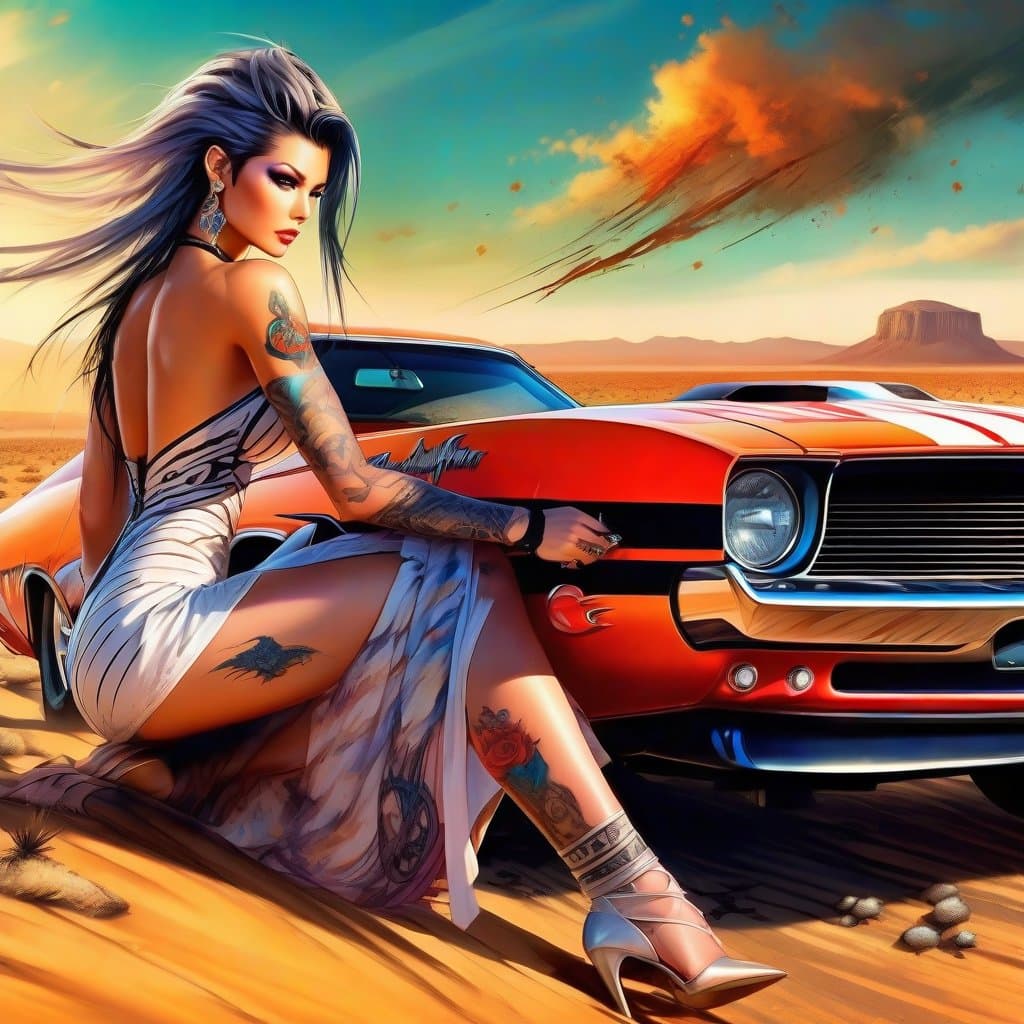 AI generated: An Airbrush portrait of a female model, wearing a white summer dress with black zebra stripes, posin...