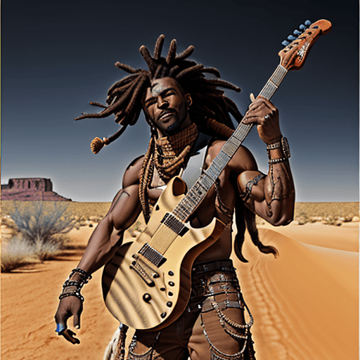 AI generated: black muscular gunslinger, in desert, brown dreadlocks, 8k, guitare on his back,  