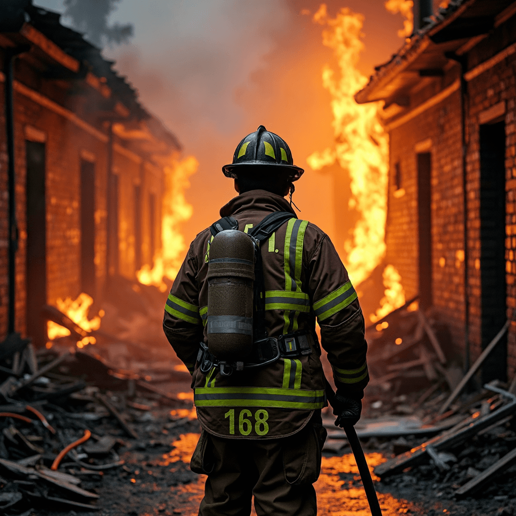 AI generated: Inside a burning building, flames engulf the collapsing wooden floors in the foreground. From the ba...