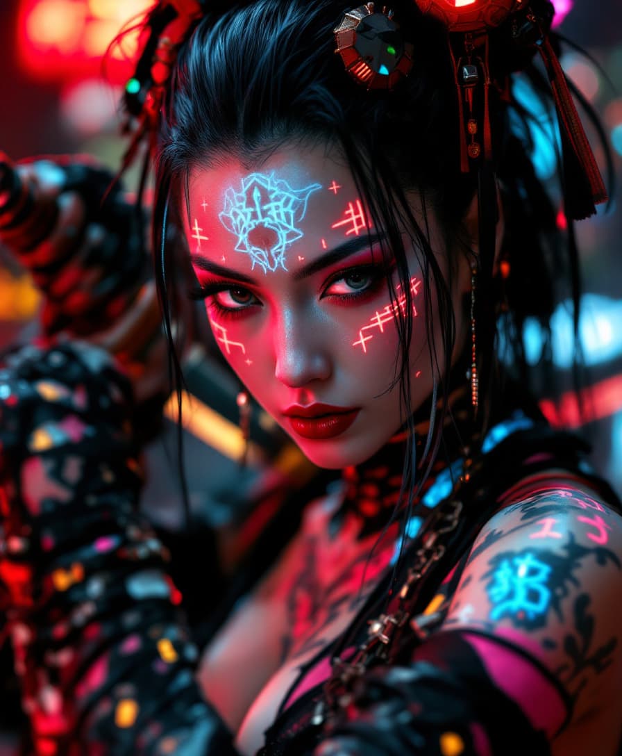 AI generated: Rebellious cyberpunk geisha with glowing neon tattoos yielding a katana, vintage, medium close up, p...