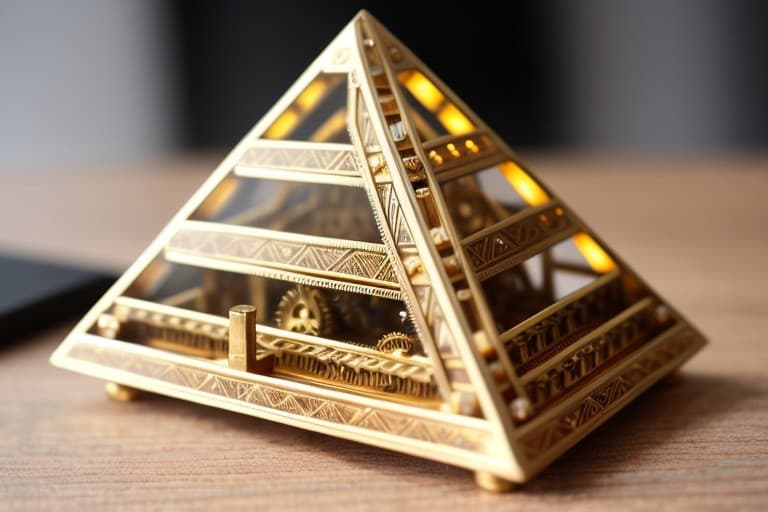 AI generated: masterpiece raw photo pyramidshaped mechanical machine, gear, nobs, intricate details, gold