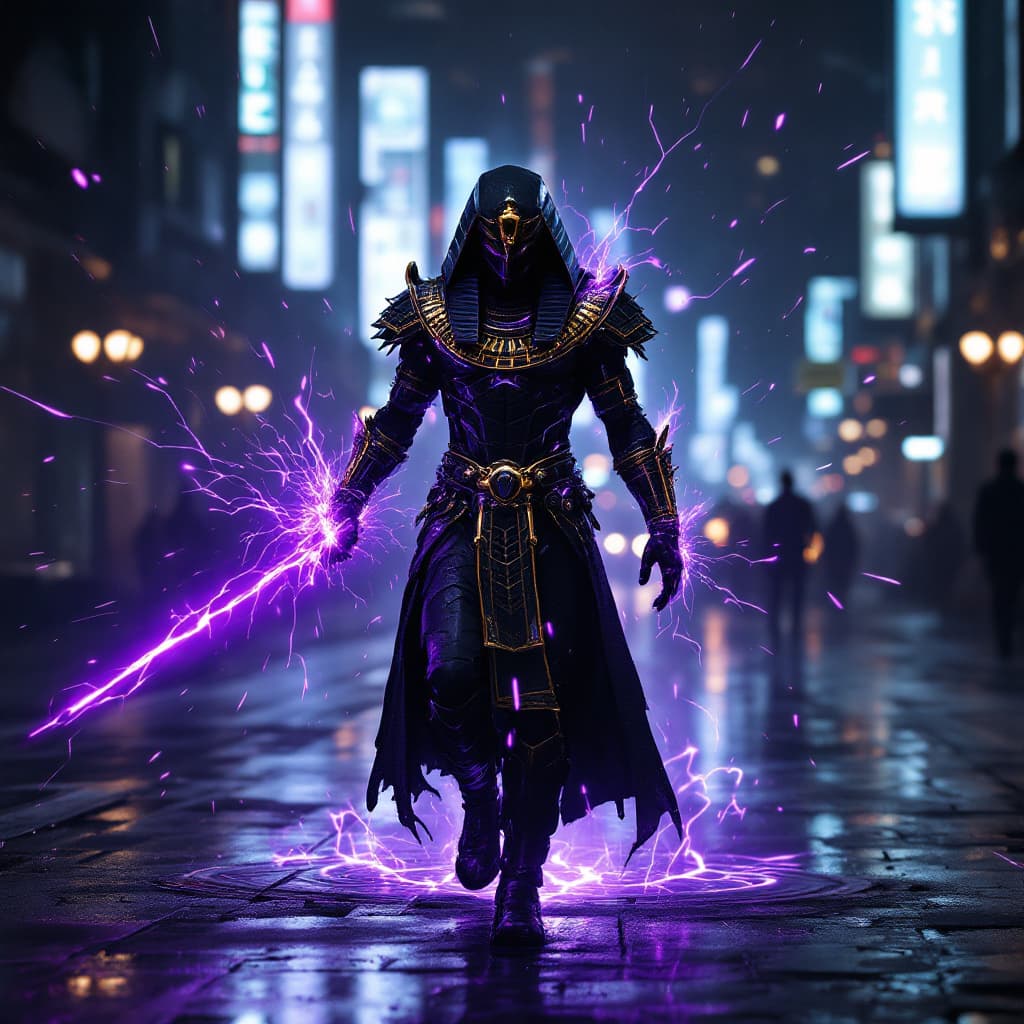 AI generated: an egyptian pharoh in black his body make a purple sparks looks like energy or power inside him  ( c...