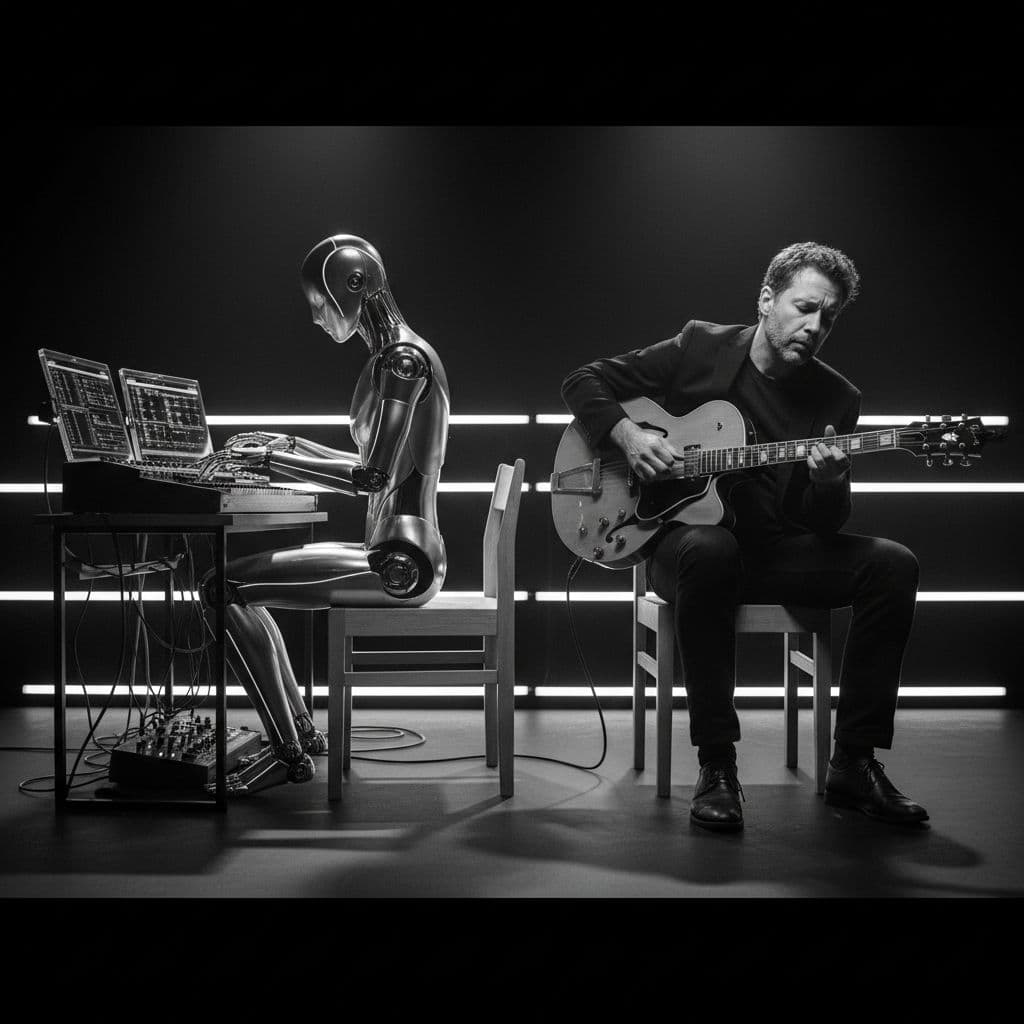 AI generated: A highly detailed, photorealistic black and white image, set on a dark, minimalist stage with dramat...