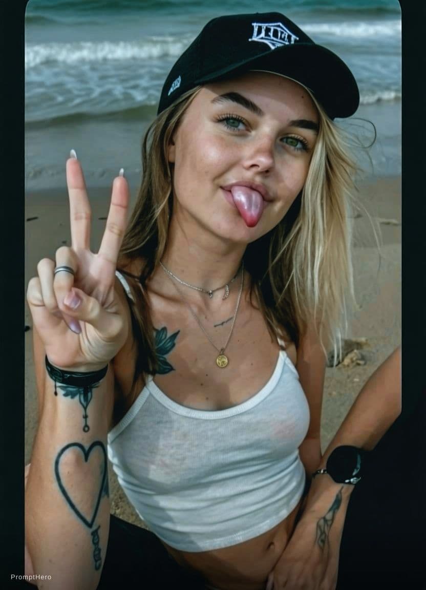 AI generated: white girl, blond girl,Attractive young woman in ultra beachwear in front of a beach. Visible cheeks...