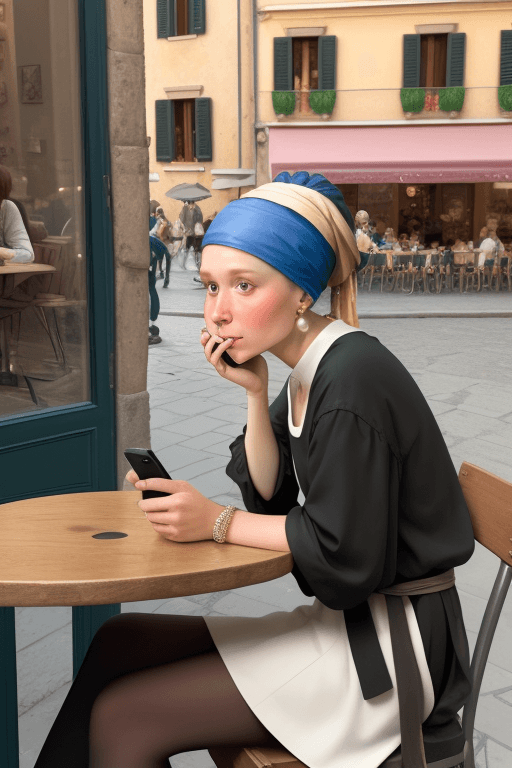 AI generated: "Girl with a pearl earring" modern digital photograph, in italy, sitting at an outdoor cafe looking ...