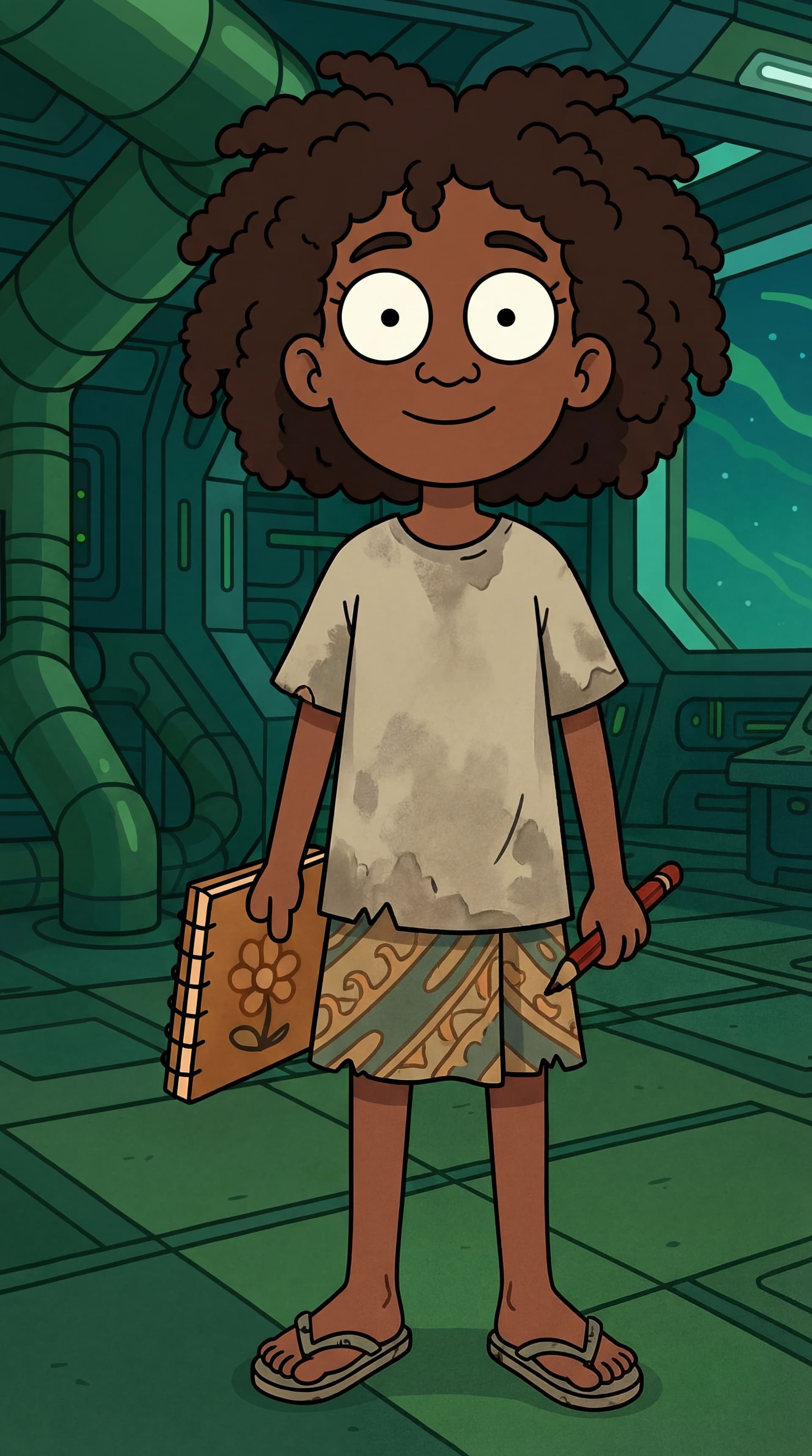 AI generated: make her african and make her have nappy bad hair. Poor clothes with slipers.