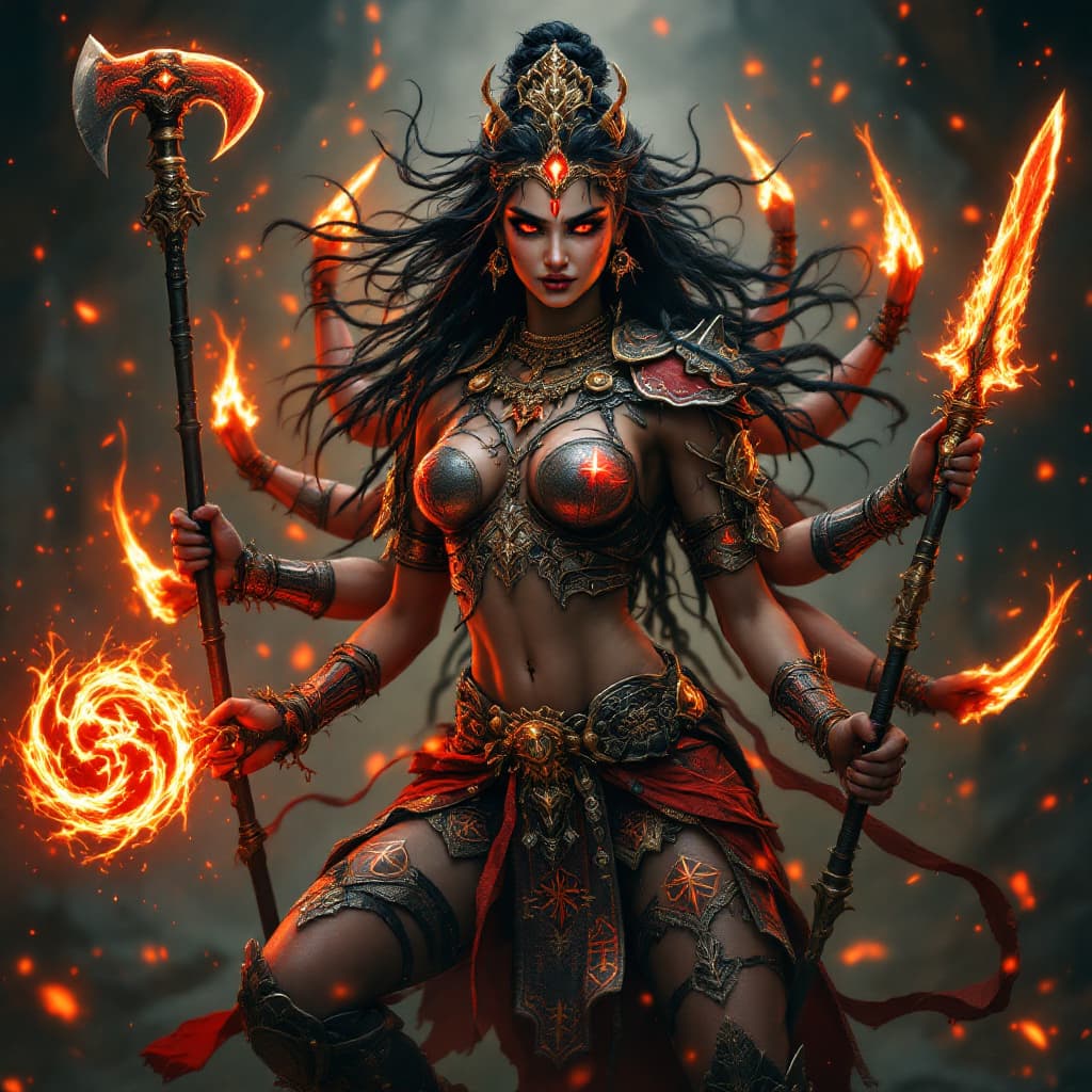 AI generated: an ultra-realistic, full-body portrait of a captivating Devi durga with 10 hands wach carrying weapo...