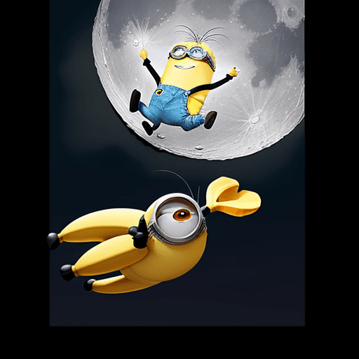 AI generated: A minion flying over the moon, with a banana on his hand
