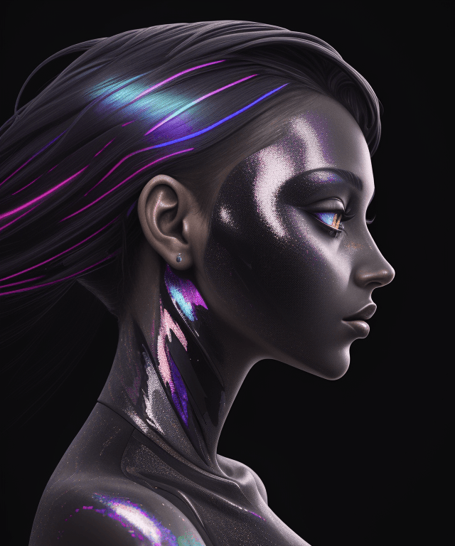 AI generated: Side view of Nofretete, impasto technique with anthracite texture, deep colors, neon effect. The wom...