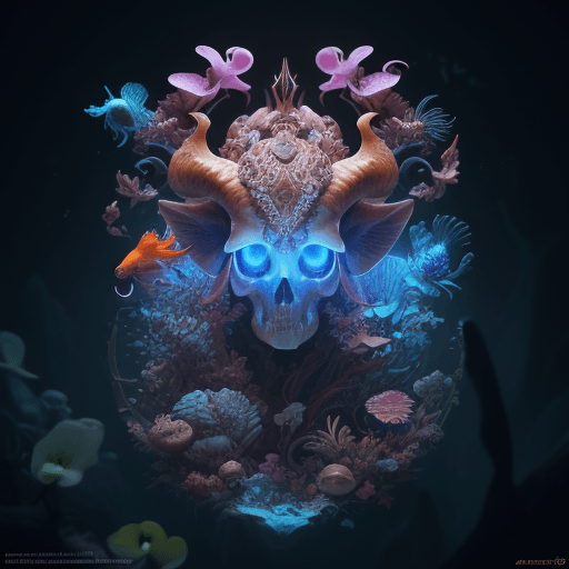 AI generated: taurus close-up ribcagel.phoenix head, nautilus, orchid, skull, betta fish, bioluminiscent creatures...