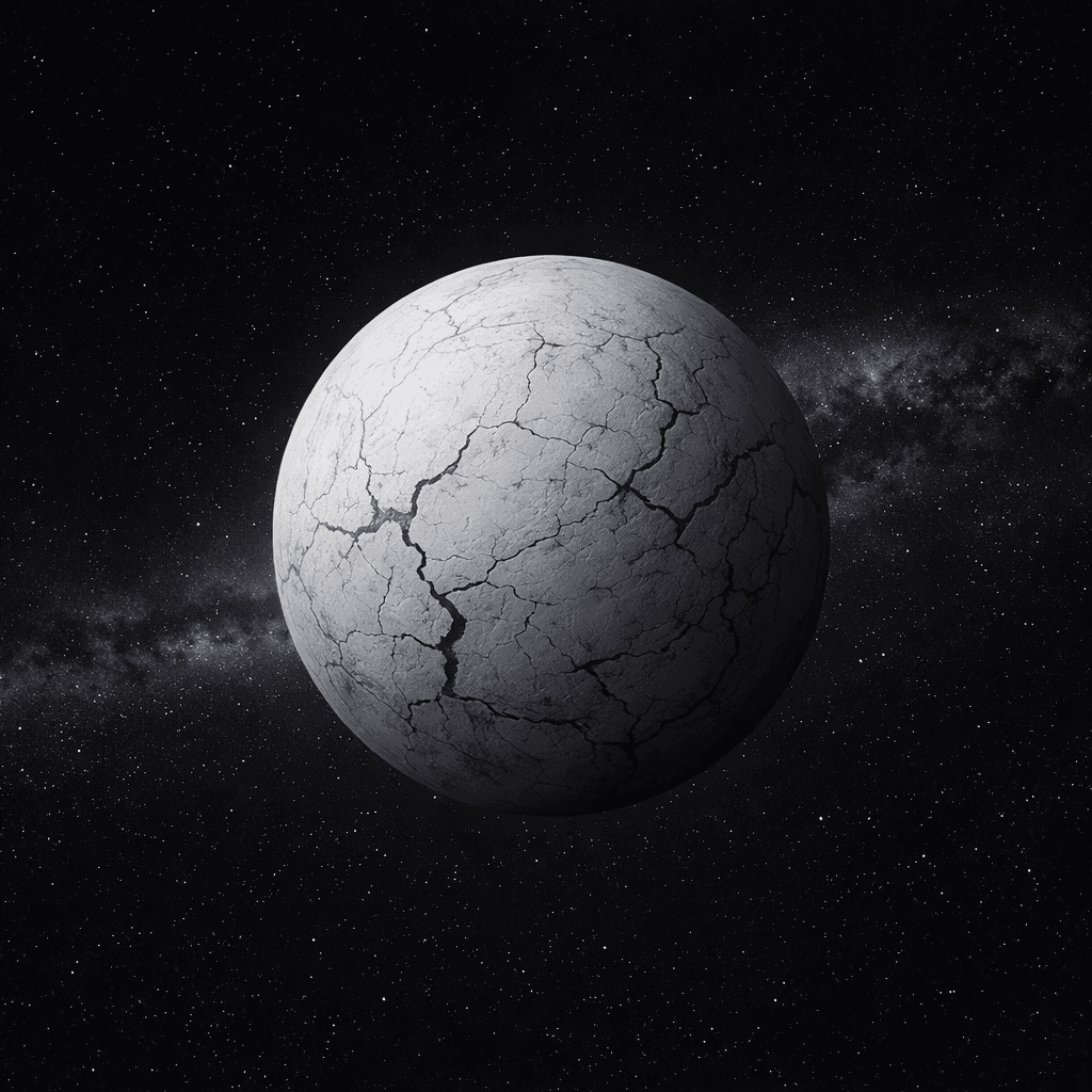AI generated: A light grey planet with cracks littering its surface that gives the feeling of stillness, Floating ...