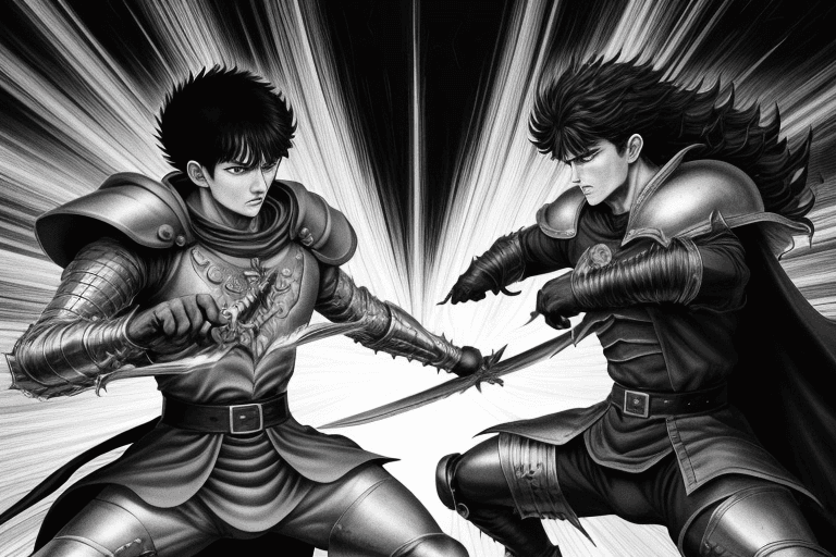 AI generated: monochrome, a man with big eyes, brown hair with tuft, in golden armor, manga, ((without helmet)), b...