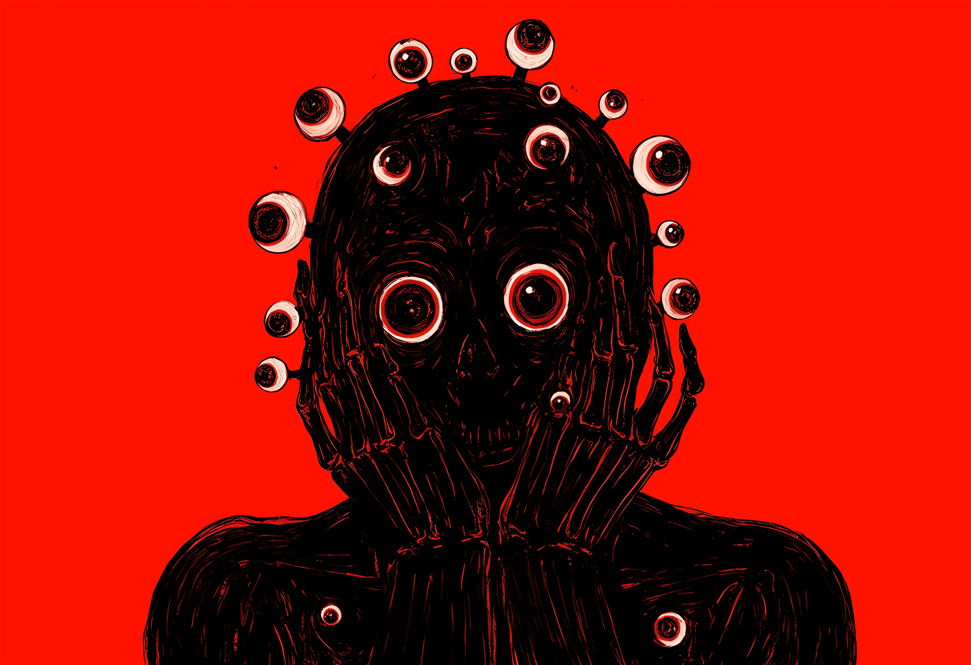 AI generated: A person with skeletal hands clutches their head, which features multiple large, red eyes peering ou...