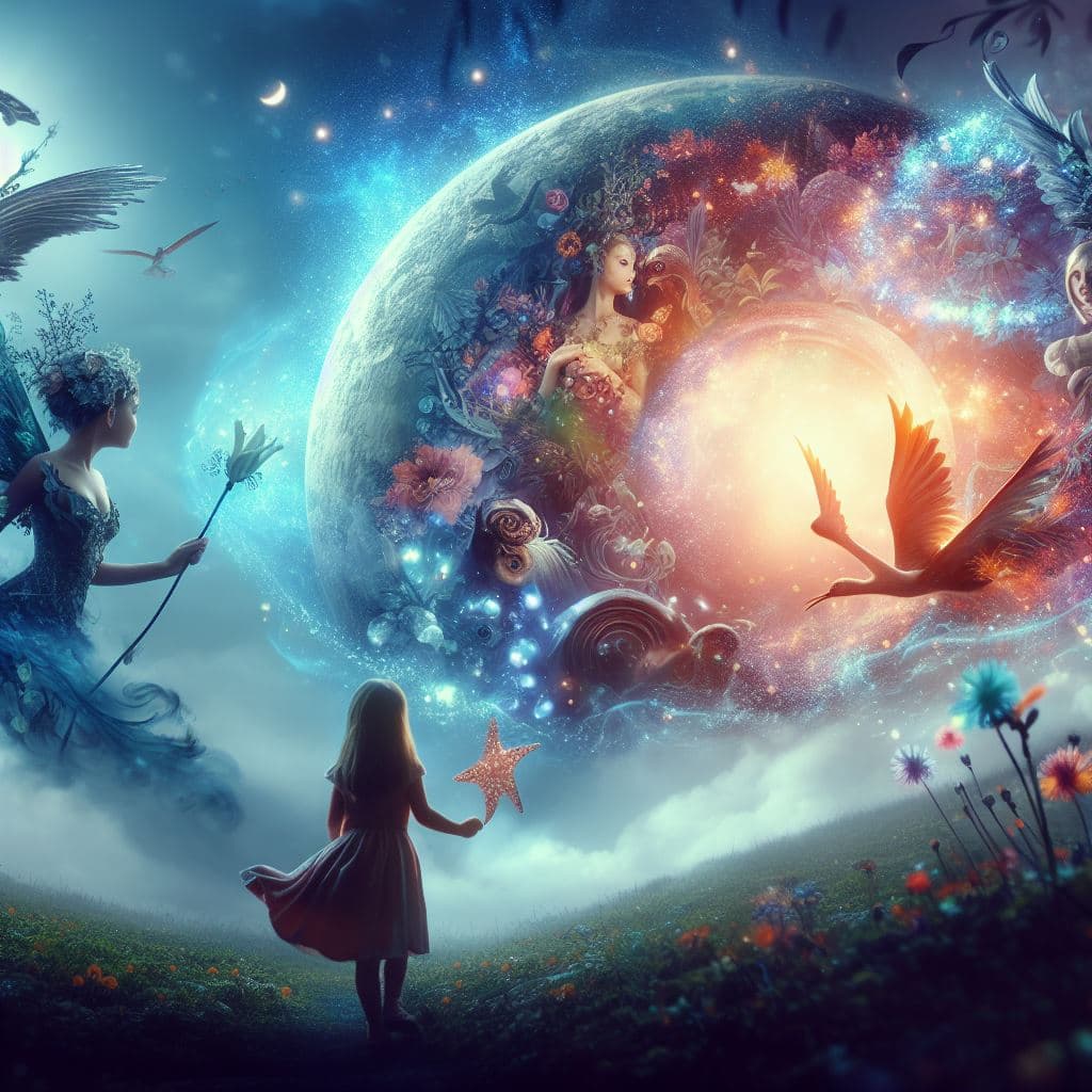 AI generated: Eine welt in der Fantasie und wirklichkeit aufeinander treffen,Ein kleines Mädchen betritt diese Wel...