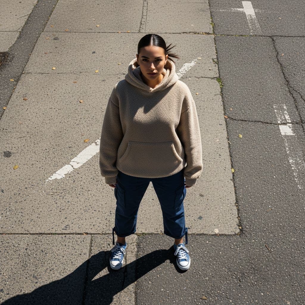 AI generated: photography, top view, full-body, female model, neat hair style, standing on street, wearing a over-...