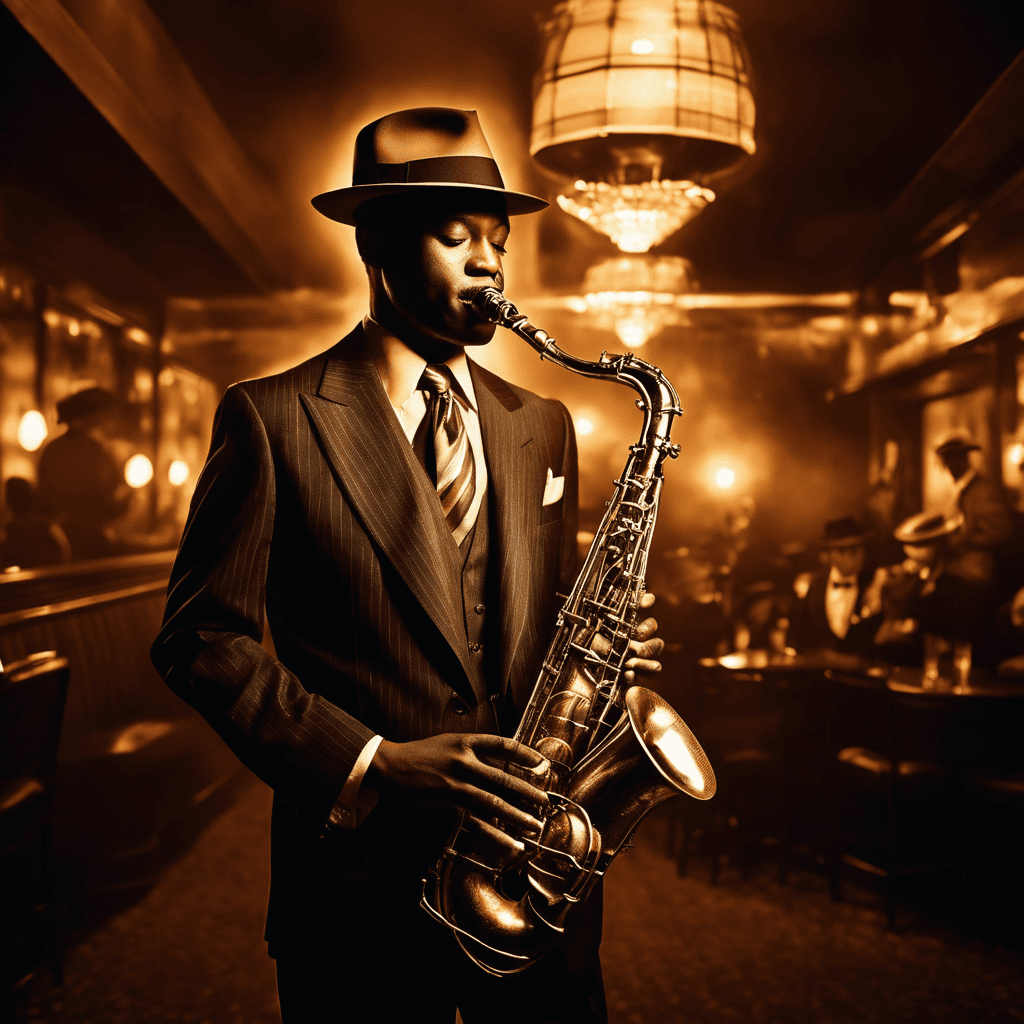 AI generated: A 30-year-old jazz musician, dressed in a pinstripe suit and fedora, stands under the warm glow of a...
