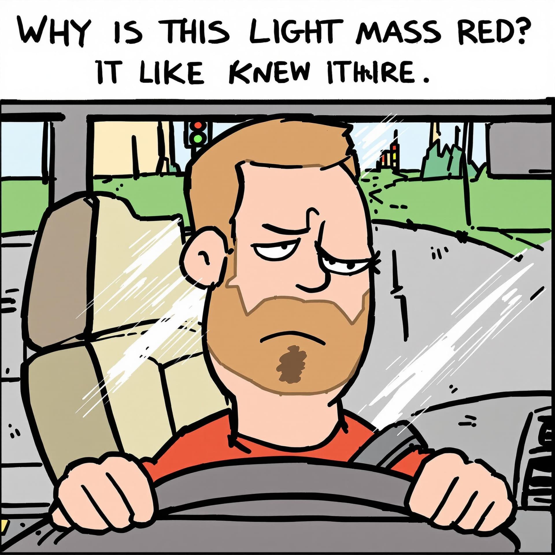 AI generated: Driver: Frustrated  "Why is this light always red? It’s like they know I’m here!"
